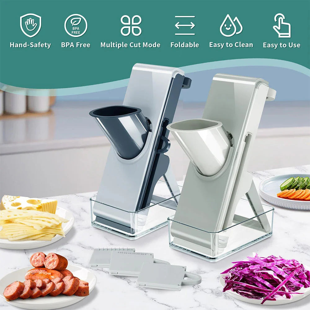 Adjustable Mandoline Slicer with interchangeable blades for slicing, chopping, and cutting vegetables and fruits
