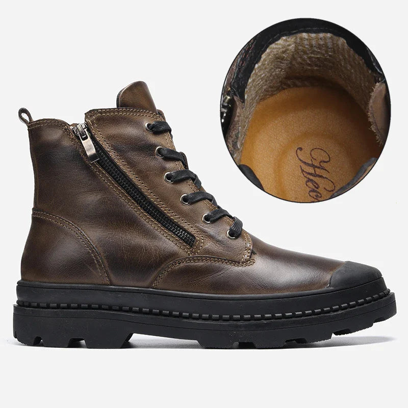 Premium black outdoor work boots with pointed toe, Martins-inspired design, and antiskid sole for British workers
