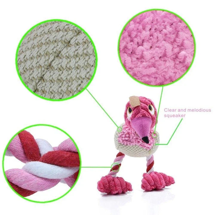 A plush, bird-shaped dog toy in a pink colour. It is designed to encourage chewing and snuggling behaviour in dogs.