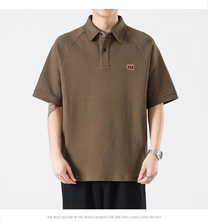 Retro Short Sleeve Men's T-shirt with Embroidered Design in Dark Brown, White, and Grey Colours