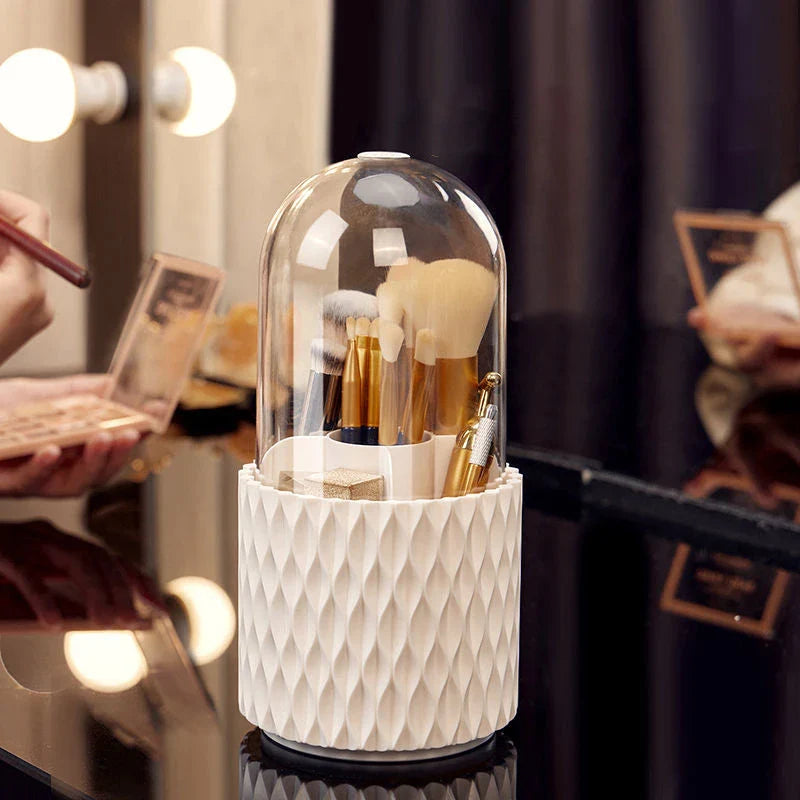 360 degree rotating makeup brush storage box in elegant white design