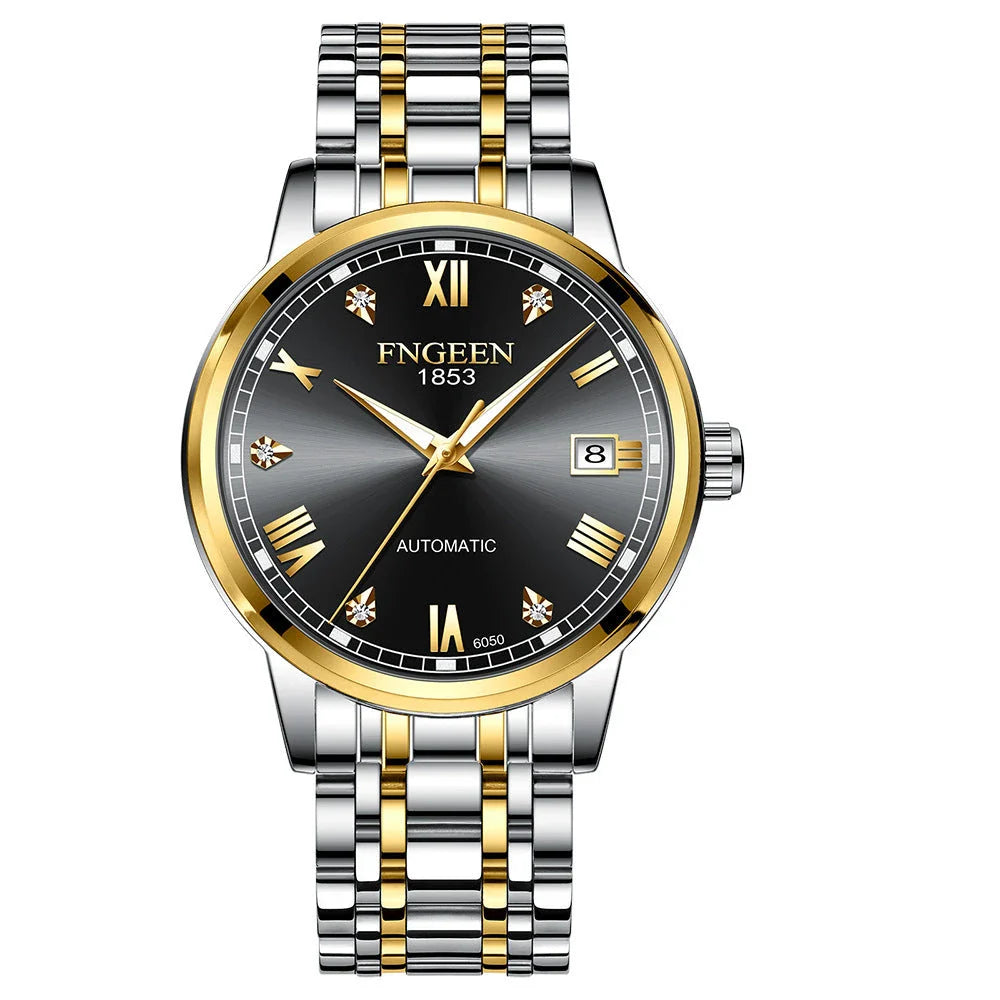 Premium automatic mechanical watch with leather strap, featuring a stainless steel case, luminous hands and markers, and a stylish British-inspired design