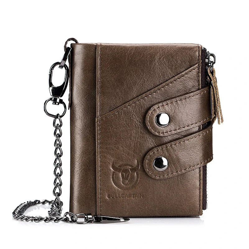 Premium genuine leather men's tri-fold wallet with vintage-inspired zipper closure and classic colour options