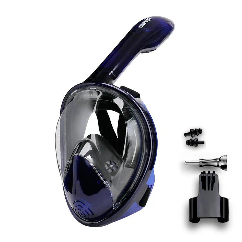 Premium full face anti-fog snorkel mask with wide 180-degree viewing and adjustable camera mount