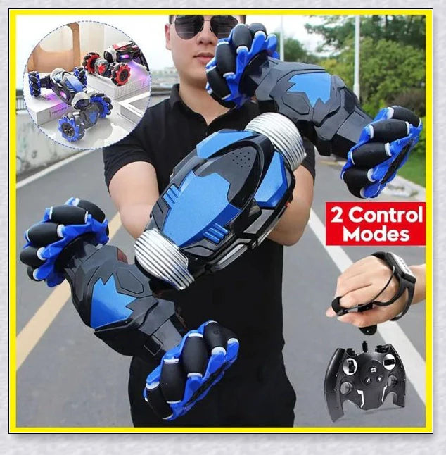 Remote control stunt car with 360-degree rotation, flips, and built-in colourful lights and music for exciting playtime