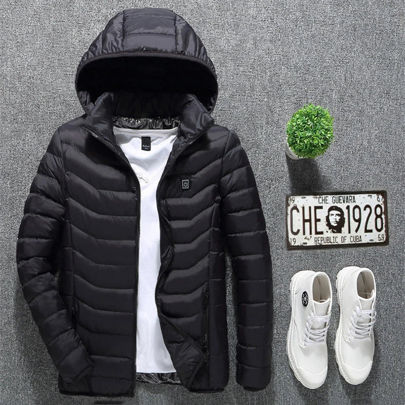 A stylish heated jacket with a removable hood, designed for warmth and comfort in chilly British weather.