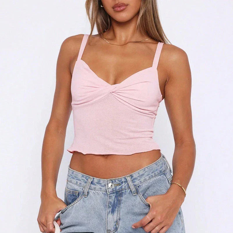 A versatile v-neck camisole top in a modern Y2K style, perfect for summer wear in the UK.