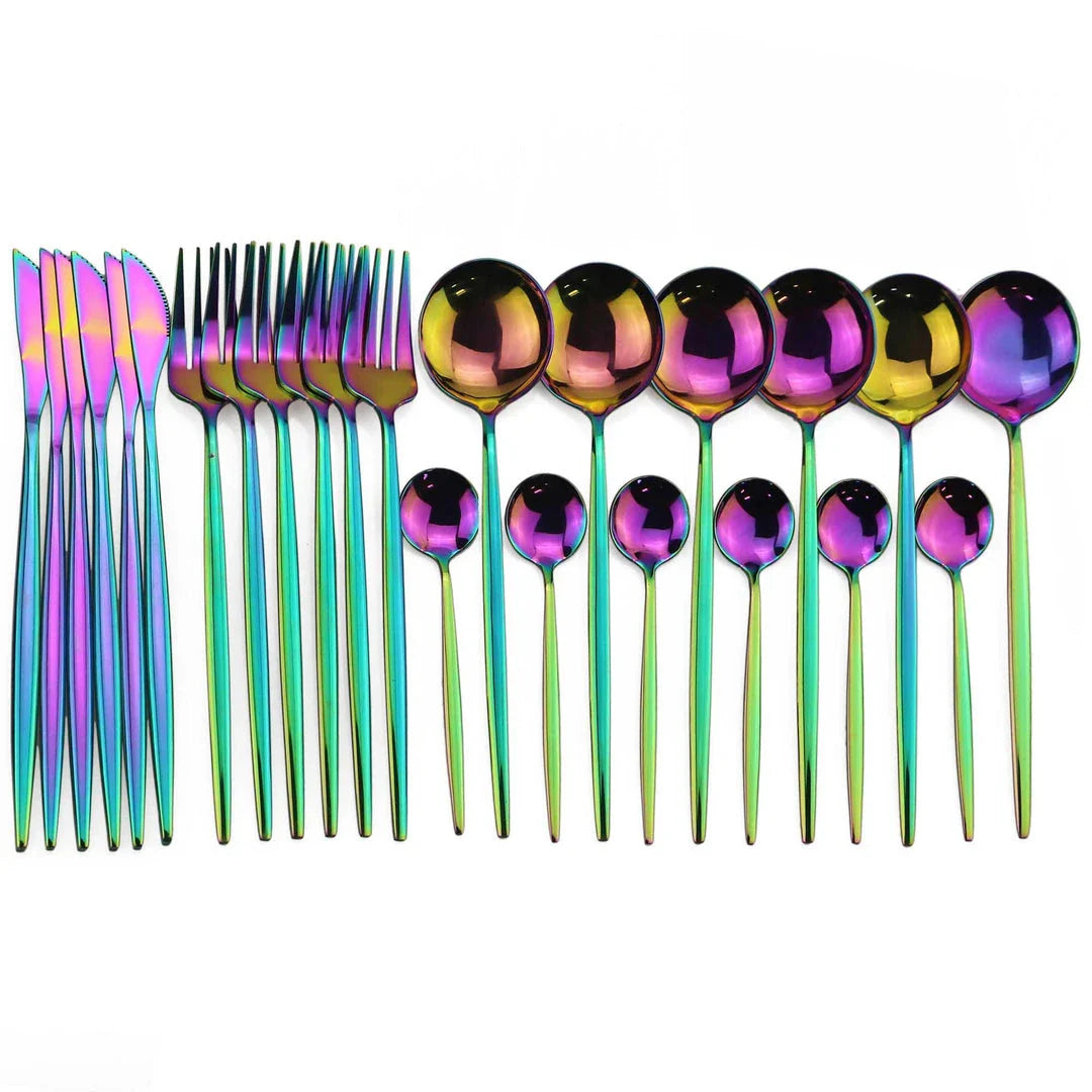 Premium 24-piece stainless steel tableware set with elegant black handles, ideal for formal and casual dining in the United Kingdom