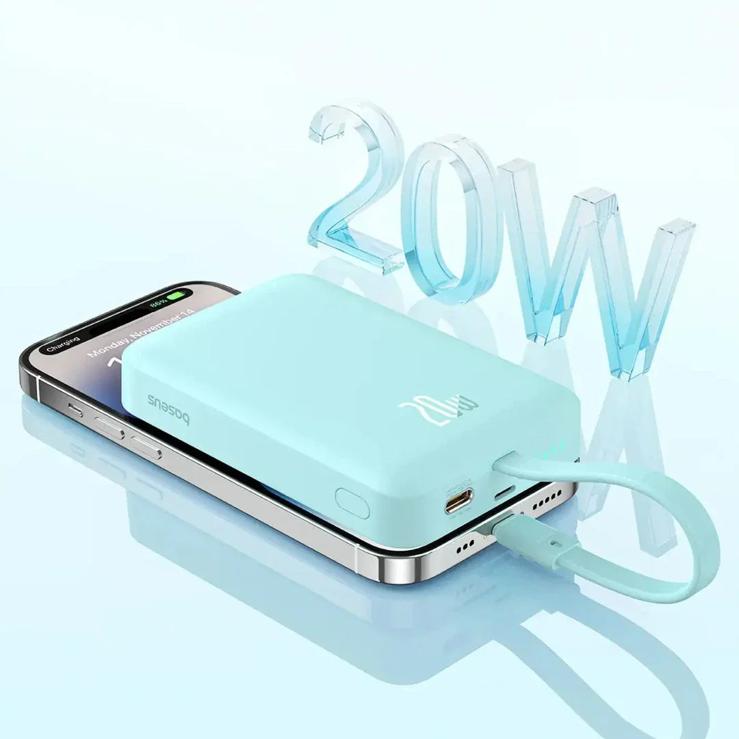 High-capacity magnetic power bank with wireless fast charging and built-in cables, providing 10,000mAh of reliable power for mobile devices.