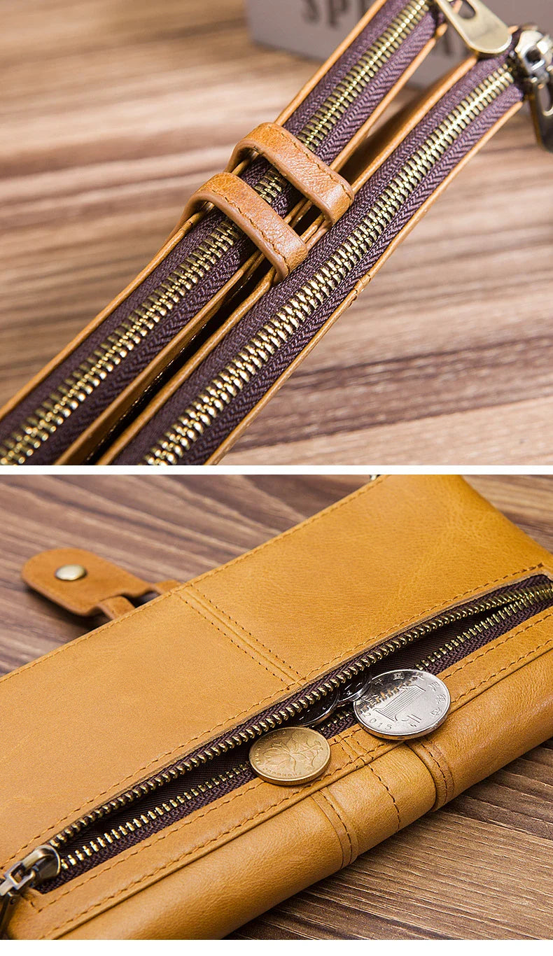 Trendha Premium Cowhide Leather Wallet with Multiple Card Slots and Secure Zipper Compartment