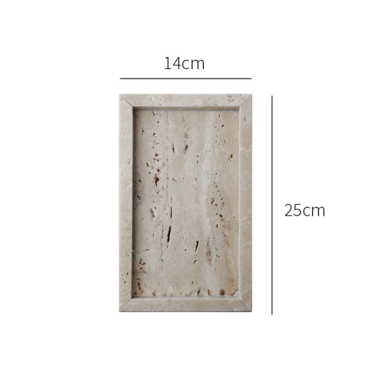 Handcrafted beige travertine marble tray with polished finish, versatile for use in vanity, kitchen, and around the home