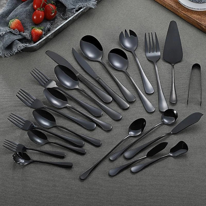 A premium 18-piece black tableware set featuring a comprehensive collection of stainless steel cutlery and utensils for a sophisticated dining experience.