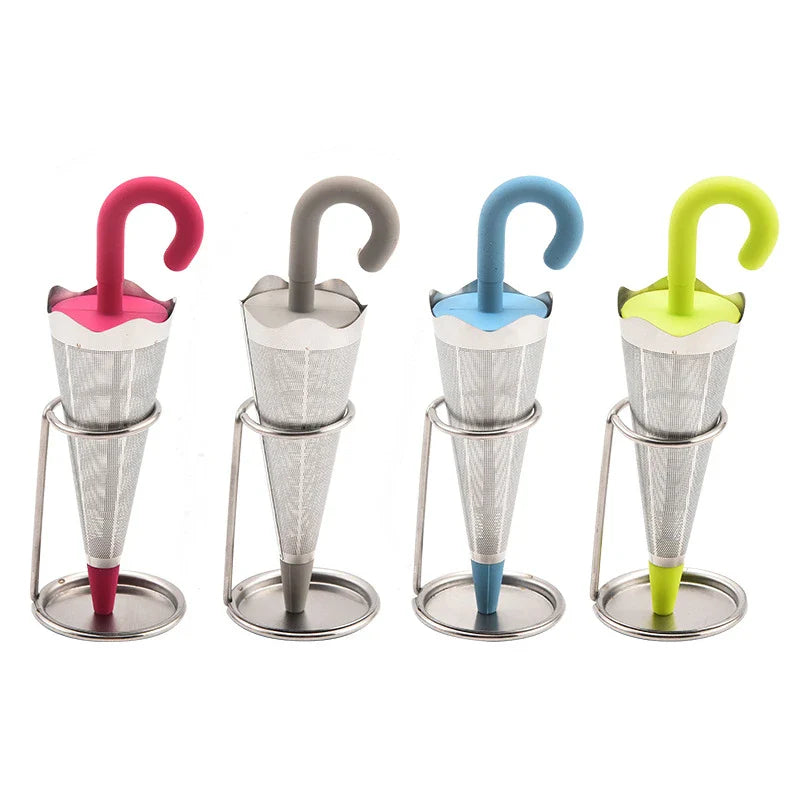Silicone and stainless steel tea strainer with an umbrella-inspired design, available in various colours