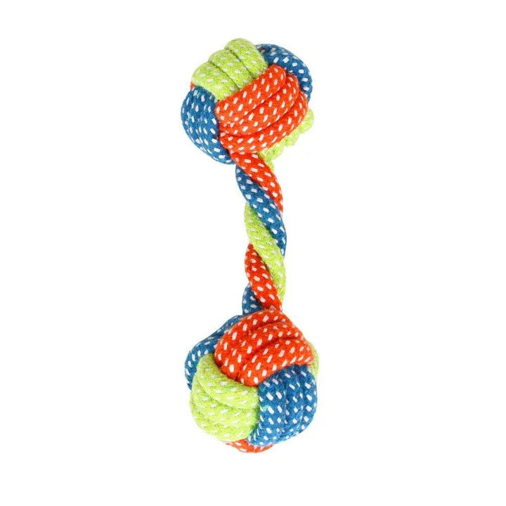 Robust cotton bone-shaped braided toy for dogs, designed to withstand chewing and promote dental health