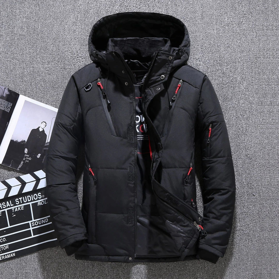Men's premium white duck down insulated winter jacket with multiple pockets, adjustable hood and cuffs, designed for warmth and style.