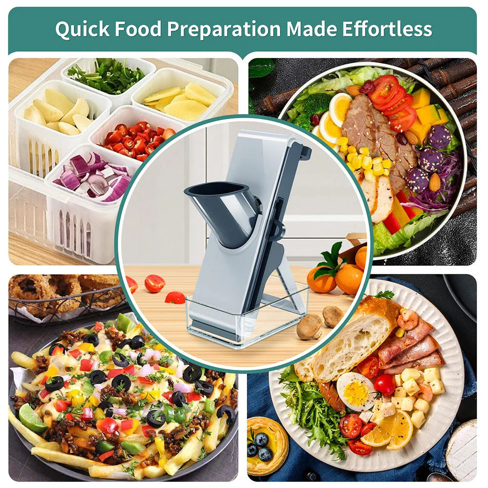 Adjustable Mandoline Slicer with interchangeable blades for slicing, chopping, and cutting vegetables and fruits