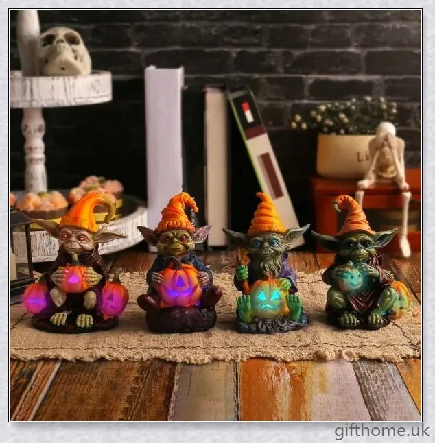 Eerie Halloween Resin Figurine with Glowing Pumpkin Lamp, a spooky and enchanting décor piece for your holiday celebrations