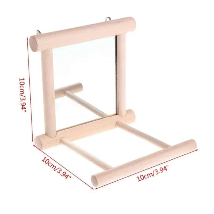 Premium bird mirror toy with sturdy wooden perch, designed to captivate and entertain your feathered friend