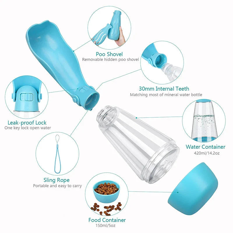 Portable pet water bottle with a wide trough and generous 420ml capacity for hydrating dogs on the go.