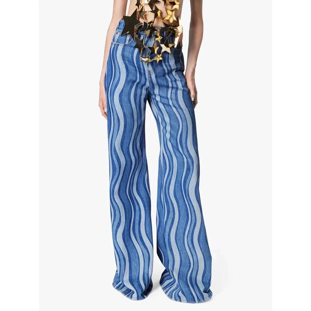 Women's high-waist striped denim trousers in a stylish blue colour, featuring a unique pattern and functional design for everyday wear.