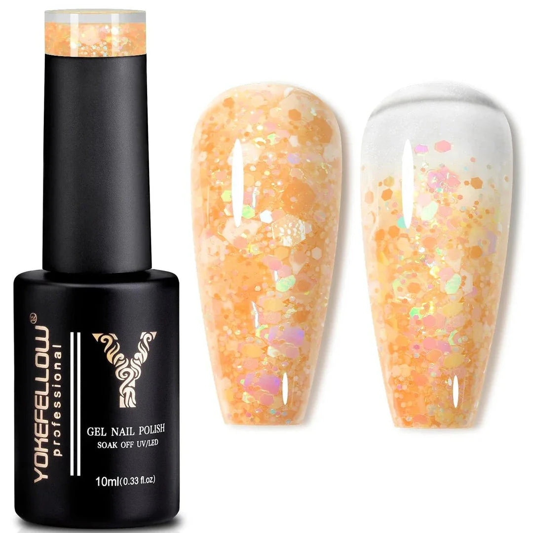 Sparkling pink gel nail polish with glitter sequins for a dazzling manicure