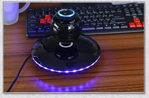 Levitating Bluetooth speaker with colourful lights, creating a mesmerising audio experience