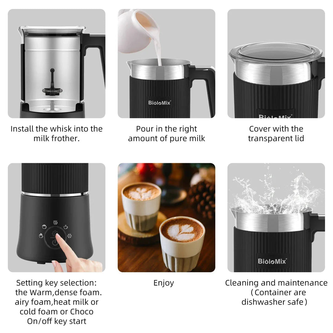 A stainless steel and black 5-in-1 automatic milk frother that can create hot, cold, and frothed milk for delicious coffee, latte, cappuccino, and hot chocolate drinks