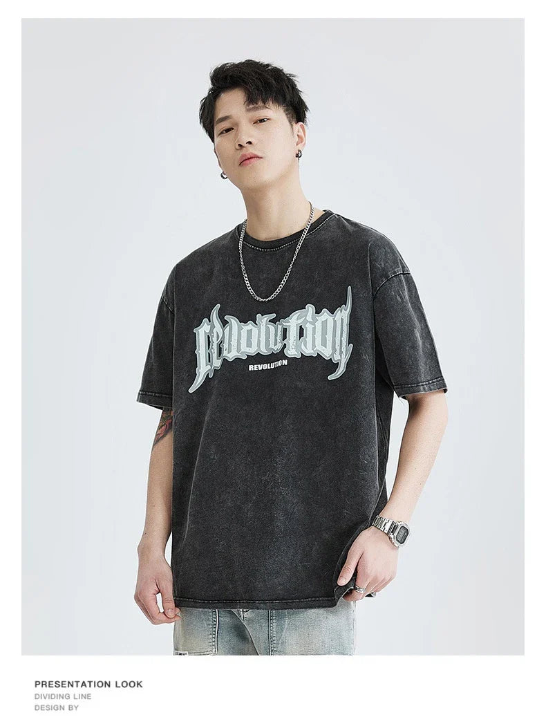 Premium vintage-inspired short-sleeved t-shirt in a distressed black colour, made of soft pure cotton fabric