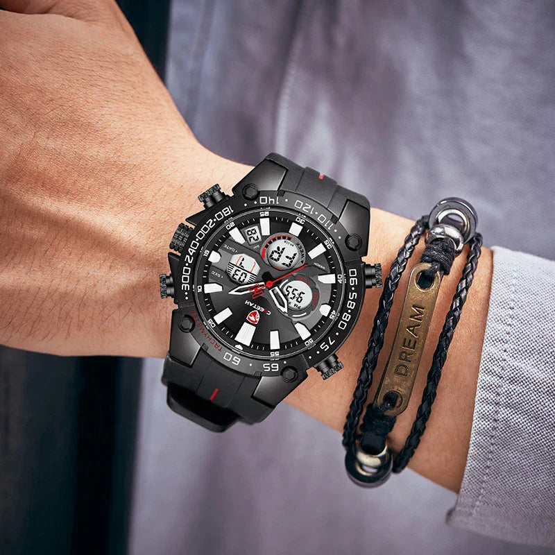 Multifunctional men's waterproof quartz watch with stainless steel case and silicone strap in rose gold black colour