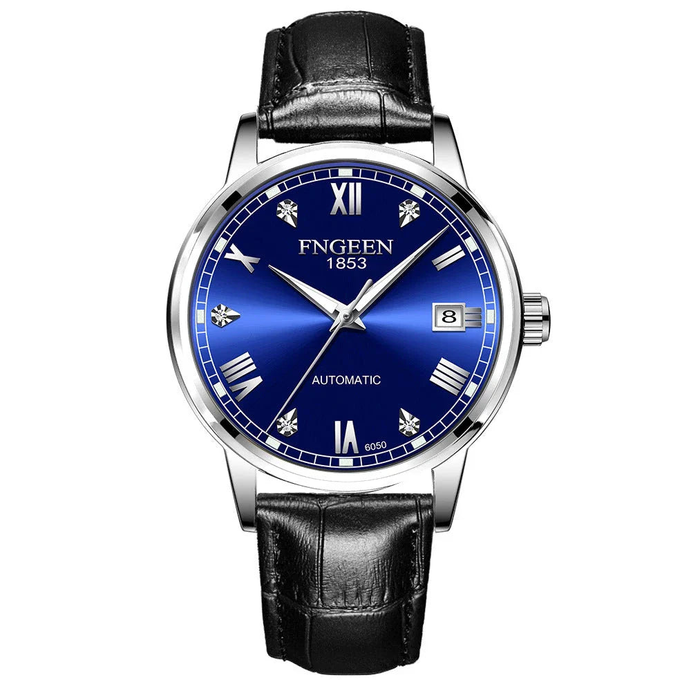 Premium automatic mechanical watch with leather strap, featuring a stainless steel case, luminous hands and markers, and a stylish British-inspired design