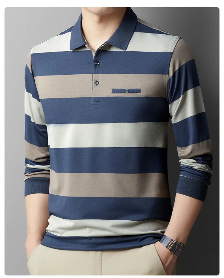 Premium Striped Long Sleeve Polo Shirt in Gray for Gentlemen - Soft, Breathable Fabric, Colour-Block Design, Versatile Casual-to-Smart Styling