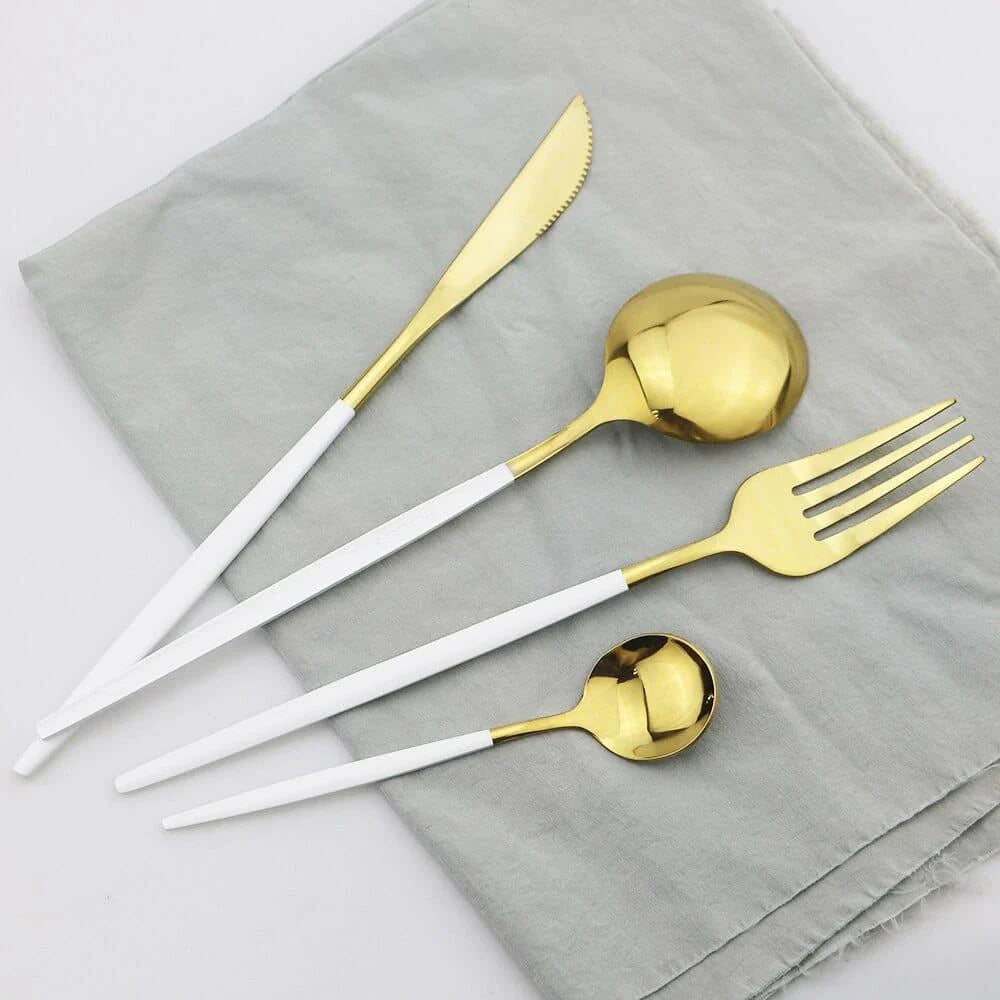 Premium 24-piece stainless steel tableware set with elegant black handles, ideal for formal and casual dining in the United Kingdom