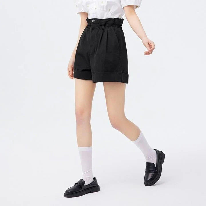High-waist A-line casual shorts for women in a soft, durable fabric blend with an elastic waistband and side pockets for comfort and style.