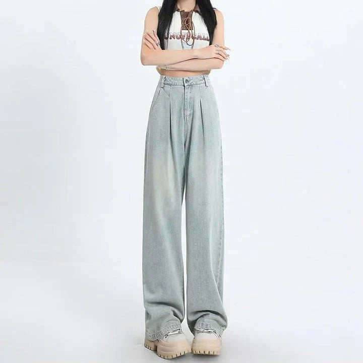 Premium high-waisted vintage straight leg women's jeans in a light wash finish with decorative details