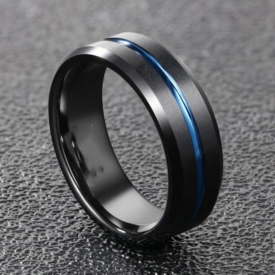 Sleek and stylish men's fashion ring made of durable tungsten steel with a classic black electroplated finish