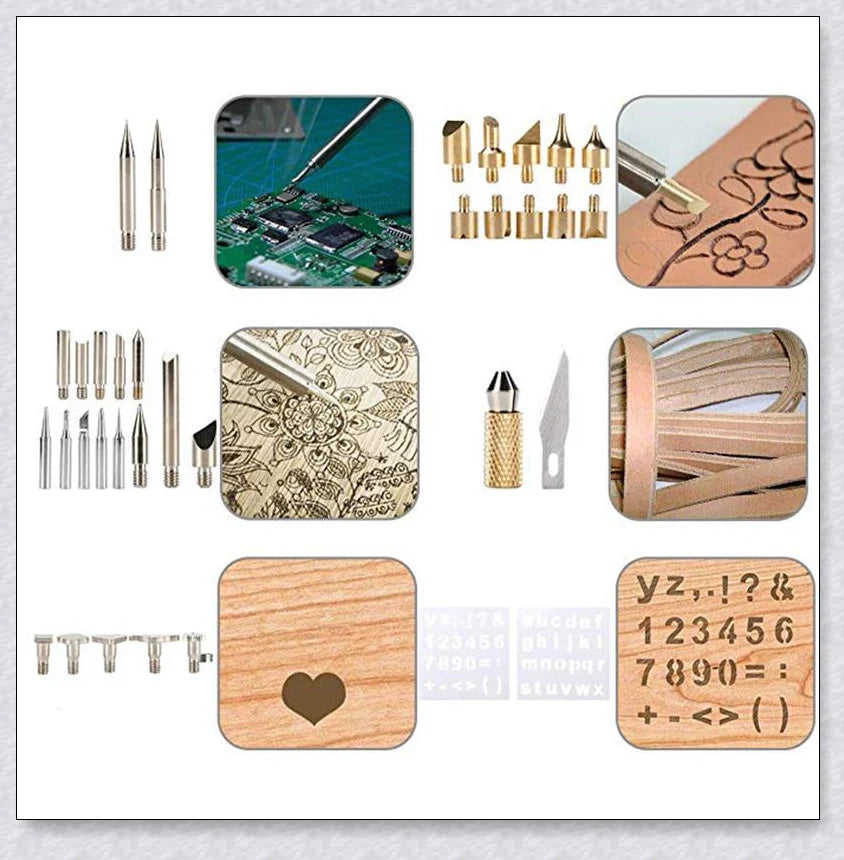 Premium wood burning kit with adjustable temperature, interchangeable tips, and metal stencils for personalized designs and creative projects