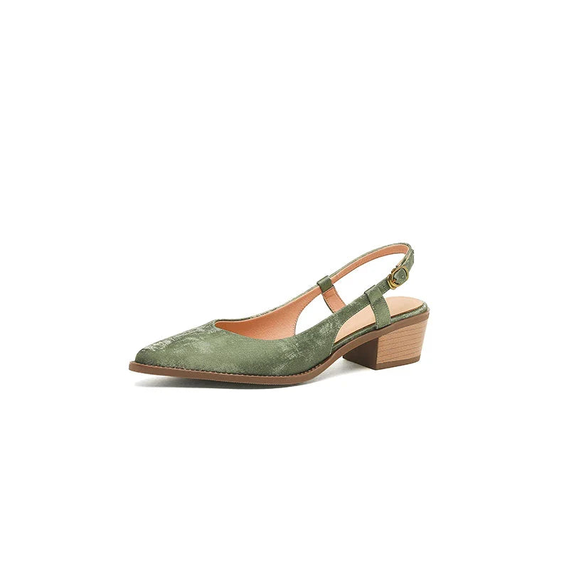 Elegant slingback leather pumps with a stylish mule design, secure buckle closure, and 4cm square heel