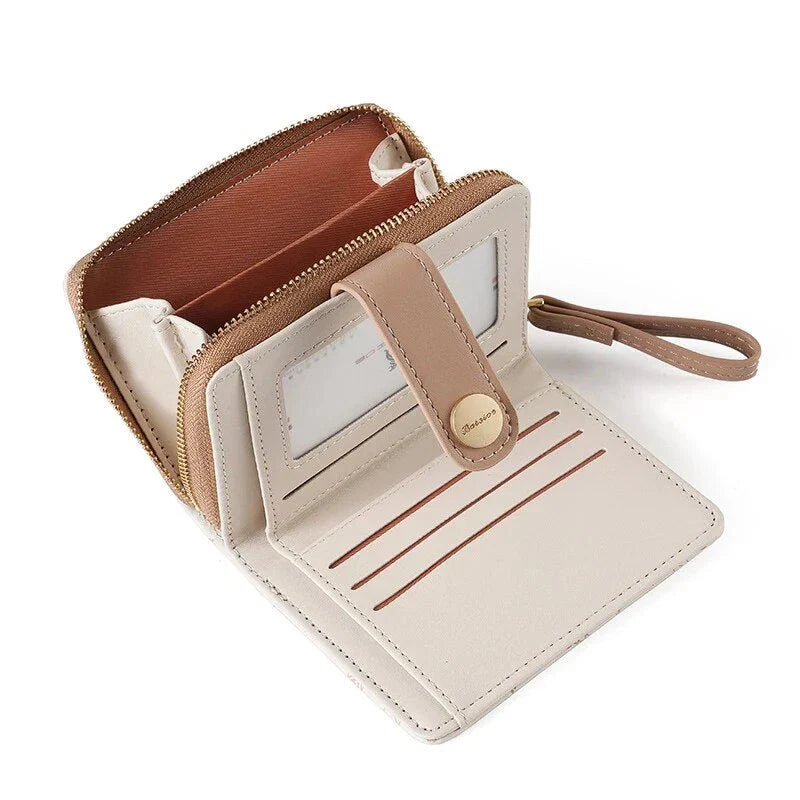 Stylish cat-themed compact wallet with zippered coin pocket, card slots, and key storage