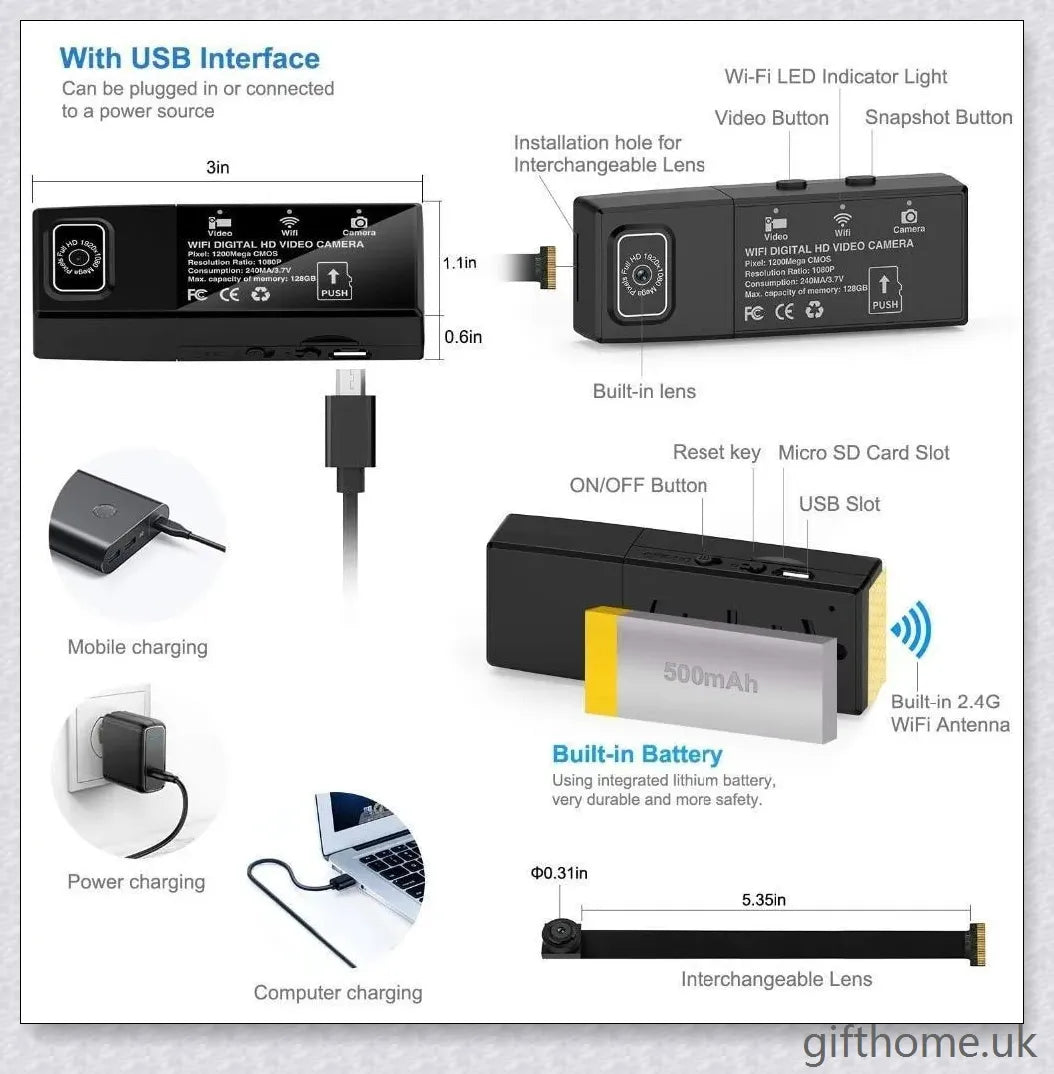 High-definition 1080p mini body camera with compact design, wide viewing angle, and night vision capabilities for security and surveillance applications