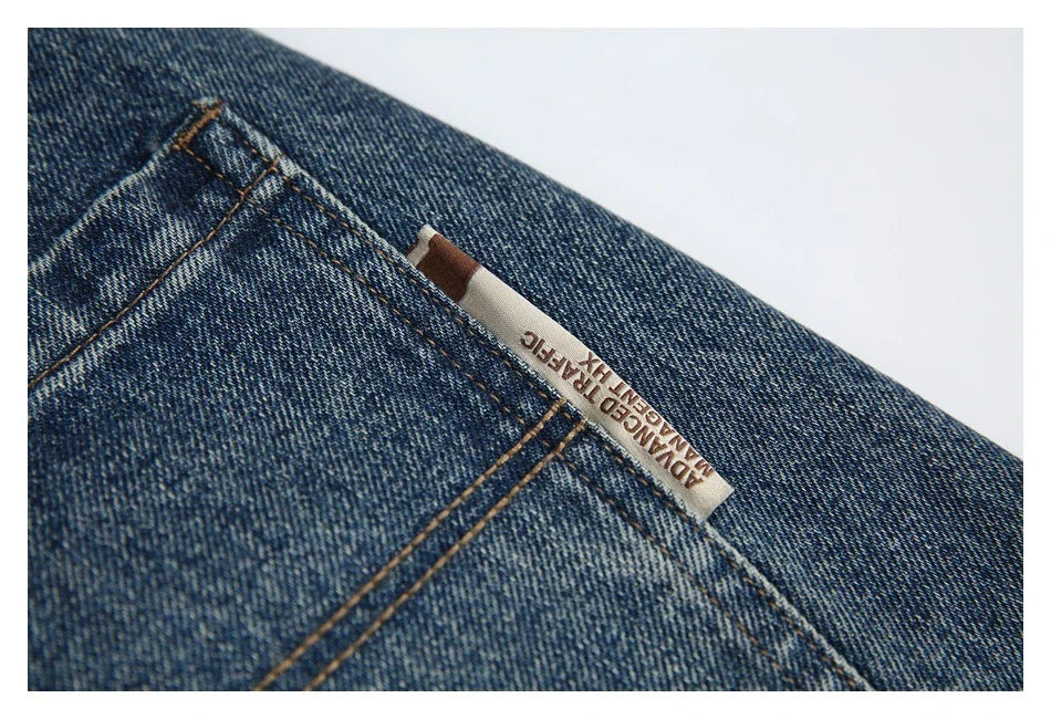 Autumn New Retro Loose Jeans in dark blue colour with straight-leg silhouette and premium cotton fabric