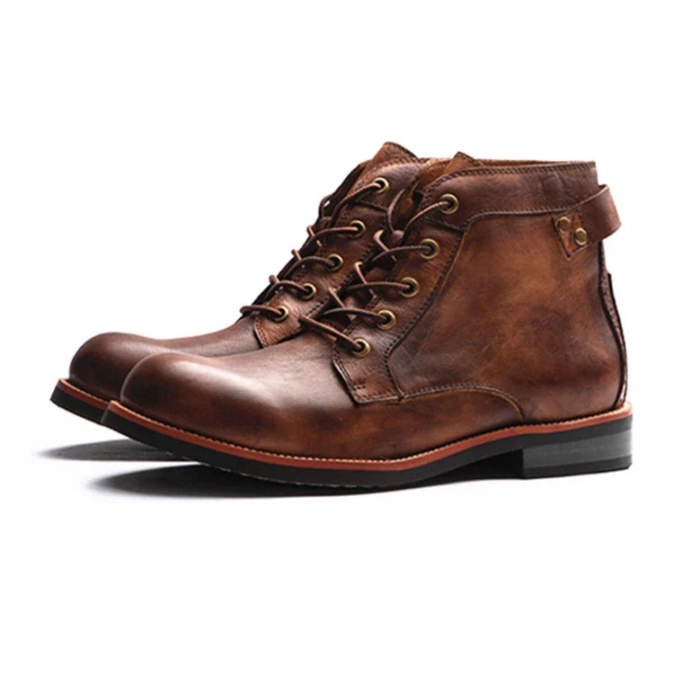 Stylish khaki Martin boots with a camouflage pattern, perfect for the modern British gentleman