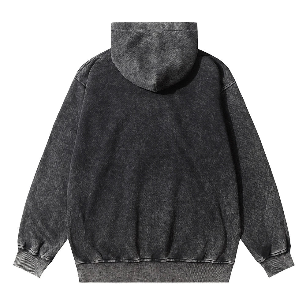 Embroidered cotton hoodie with a letter patch design, available in brown, grey, and black colours and sizes S to XL