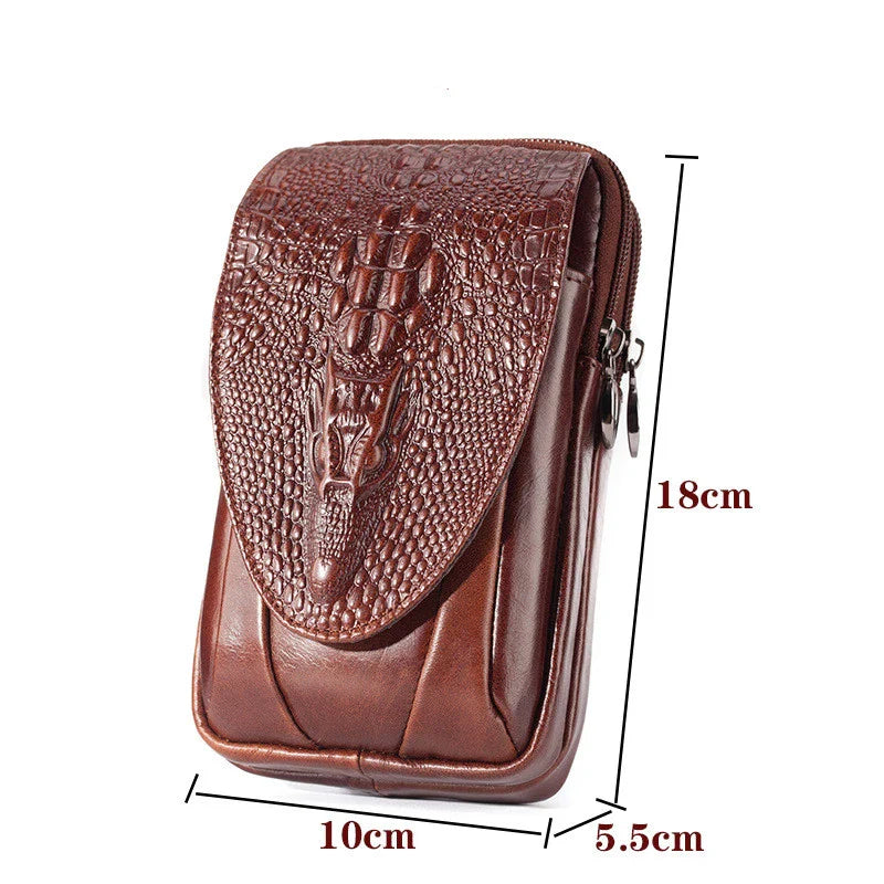Premium cowhide leather men's mobile phone pouch in vertical design with multiple interior compartments