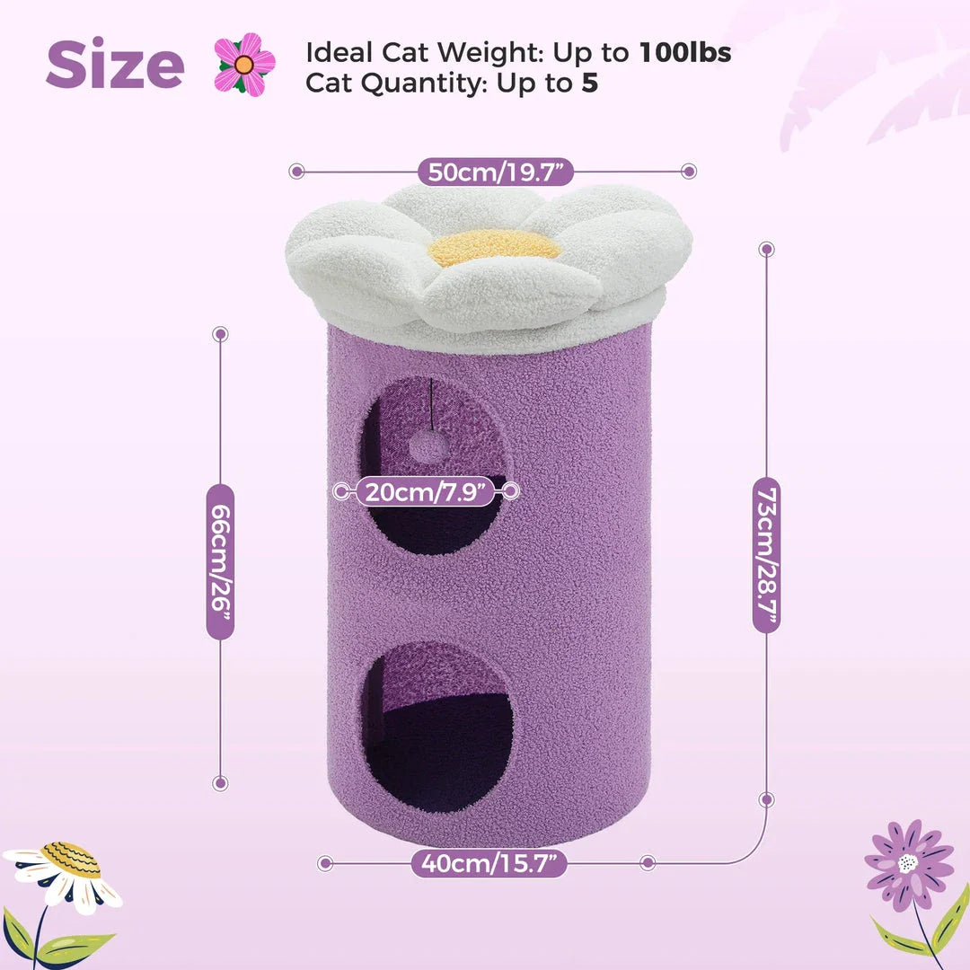 Luxurious double-decker cat bed with charming flower-shaped perch and interactive toy, made with soft corduroy fabric for maximum comfort.