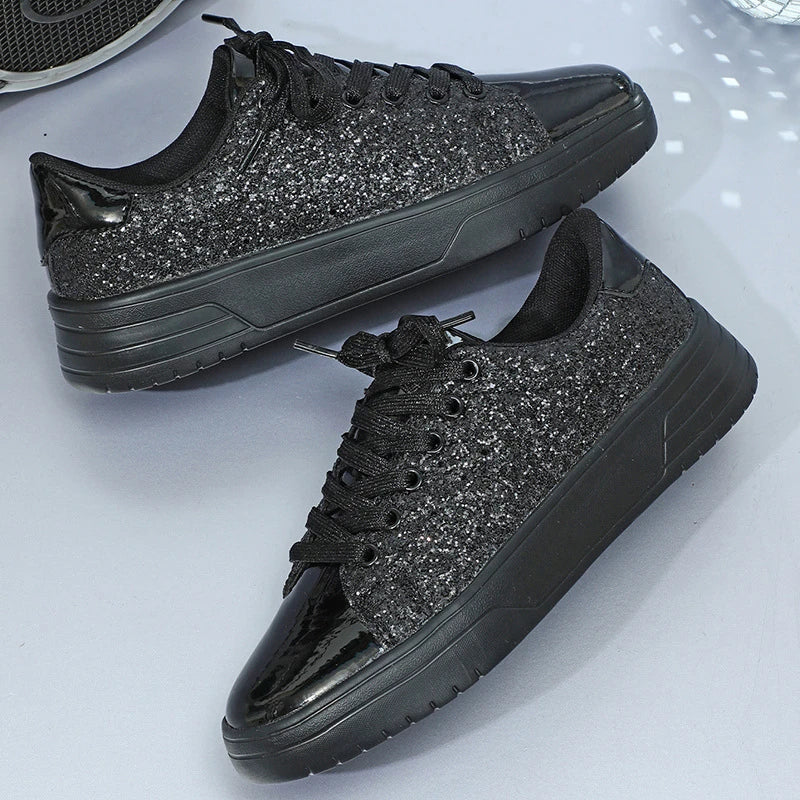 Glittering sequin flats with thick soles and lace-up closure in various vibrant colours