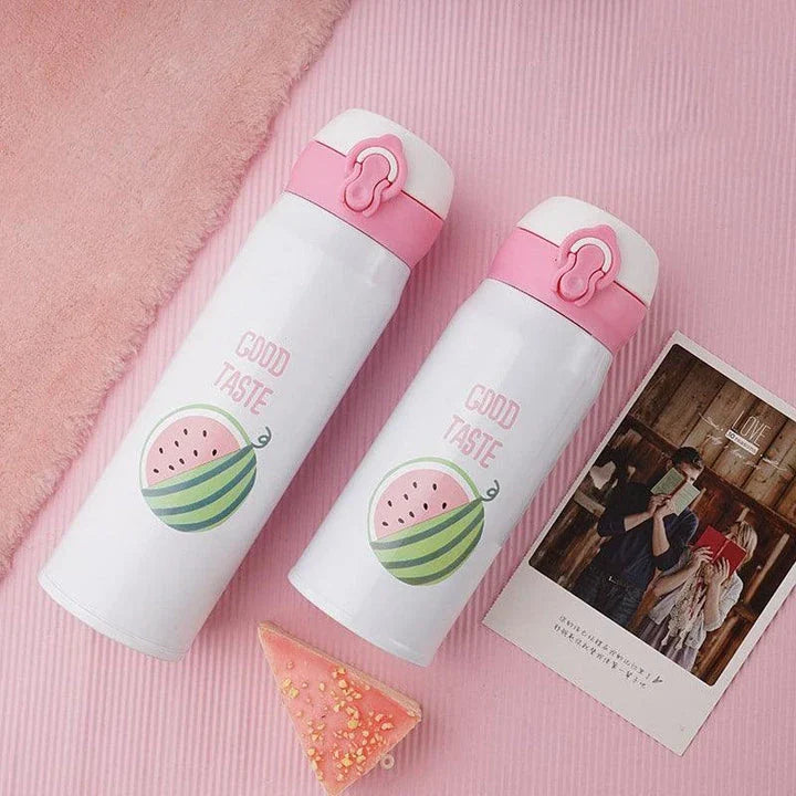 Premium stainless steel vacuum insulated thermos bottle with vibrant fruit print design, perfect for keeping children's drinks hot or cold.