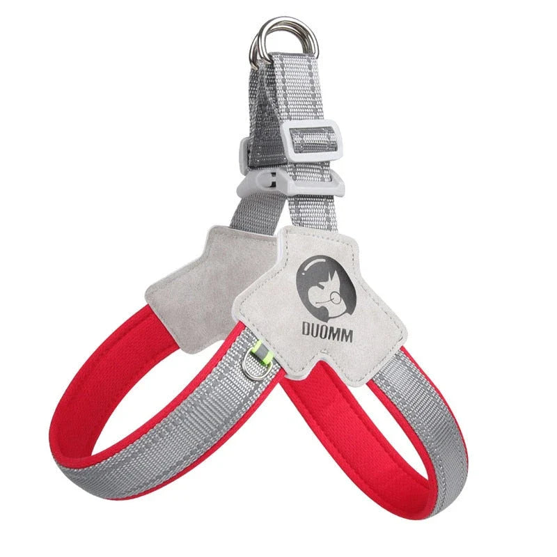 Reflective mesh dog harness vest with adjustable straps for a secure and comfortable fit, designed for safe and stylish walks with your canine companion.