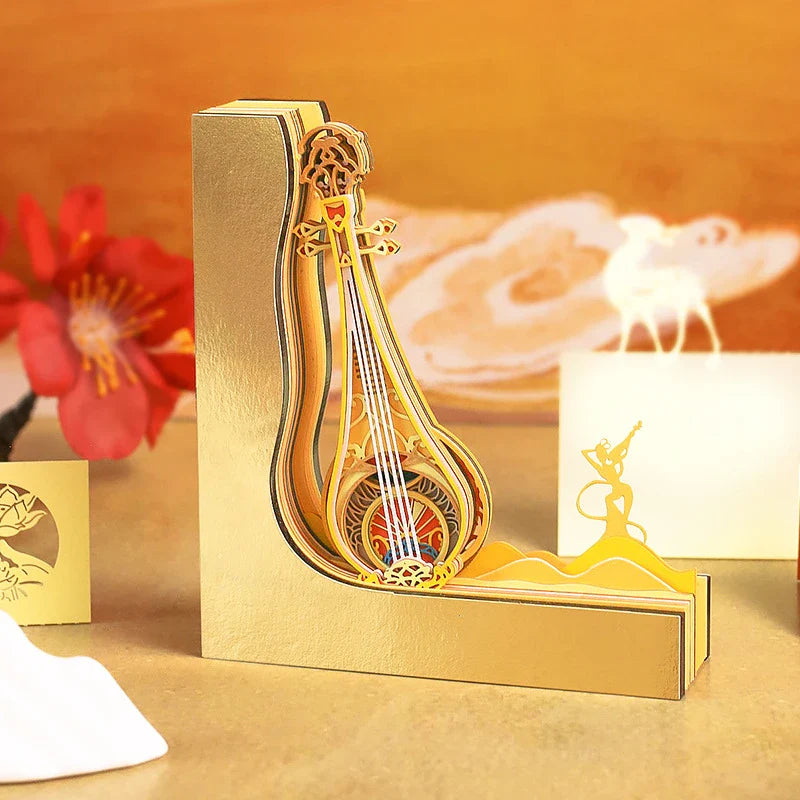 Charming desktop paper sculpture with three-dimensional notepad design, available in Dunhuang Pipa cover colour