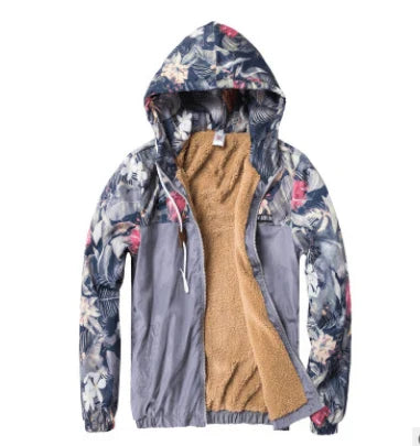 Men's slim-fit hooded jacket with camouflage print, zippered pocket, and premium chemical fibre blend fabric