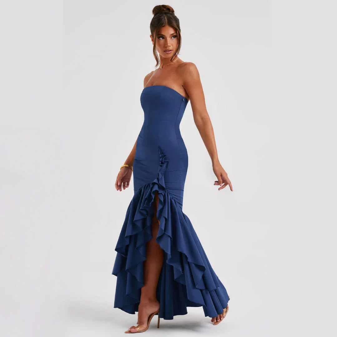 A stunning blue evening dress with an asymmetrical ruffled design, perfect for formal occasions and special events.